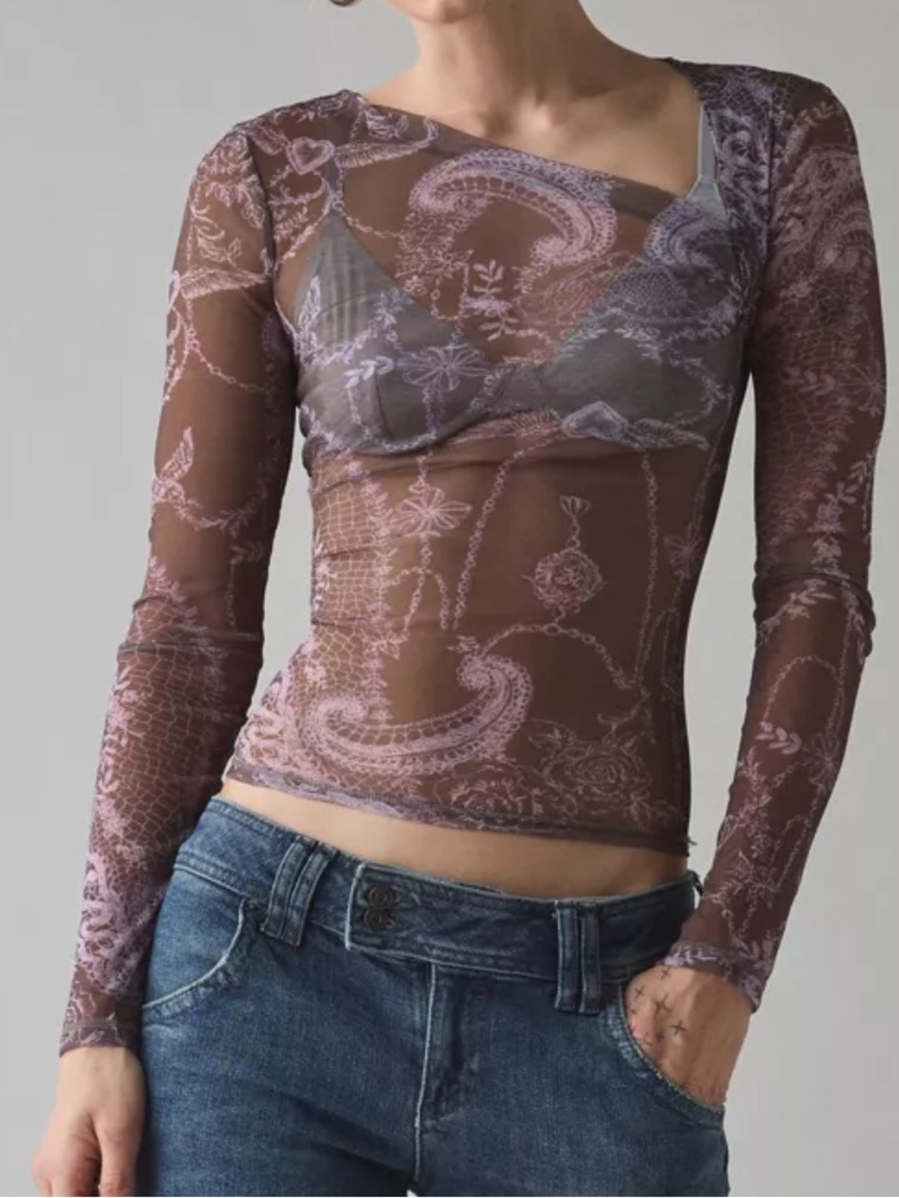 Kimchi Blue Love Club Asymmetric Sheer Mesh Long Sleeve Top Sz Large
